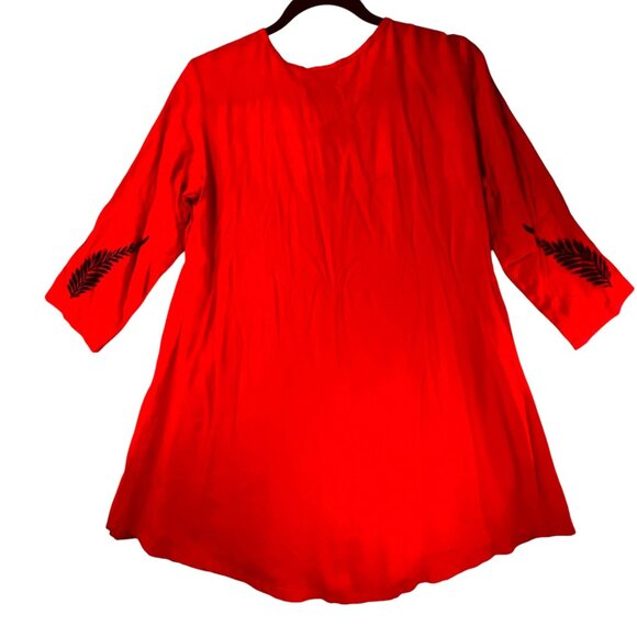 Zola Orange Red Boho Tunic Top Dress Leaf Print Embroidery Accents Beaded Tie - Picture 2 of 11